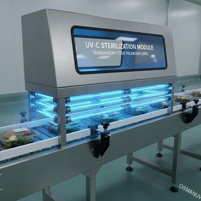 Modularer UV-C-Sterilisationsmodul für transparente Lebensmittelverpackungslinien, montiert auf Förderband
