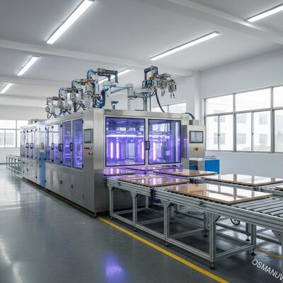 Automatisierte Spritzbeschichtungsanlage für Flachplatten zur Hochglanz-Dekorplattenveredelung