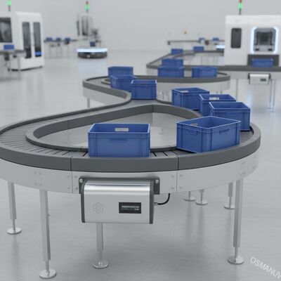 Flexibler Kettenförderer mit anpassbarem Drehradius, platzsparendem Design und energieeffizientem Motor für industrielle Automatisierung