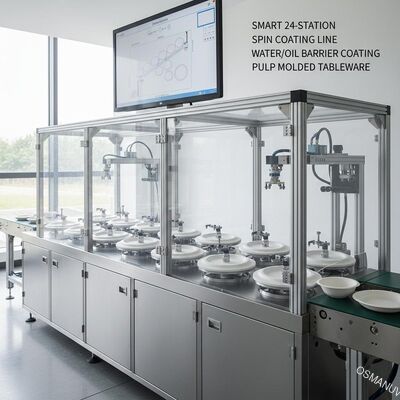 Intelligente 24-Stationen-Schleuderbeschichtungsanlage für Wasser-/Ölsperrenbeschichtung von Zellstoffformteilen für Geschirr