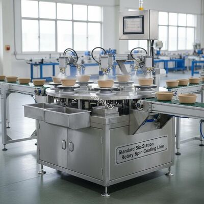 Standard Six‑Station Rotary Spin Coating Line for Molded Pulp Internal Barrier Coating